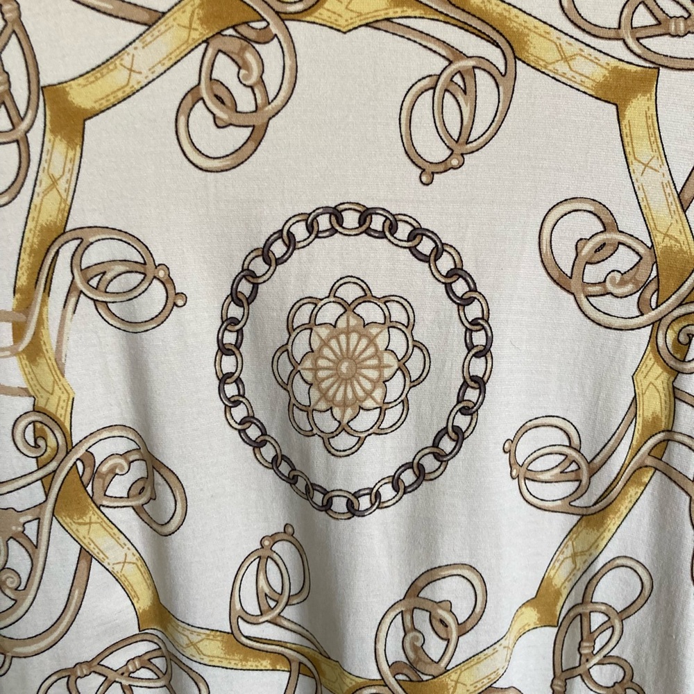 J. McLaughlin Cream & Gold SILK 3/4 Sleeve Chain & Medallion Equestrian Top - Picture 3 of 11
